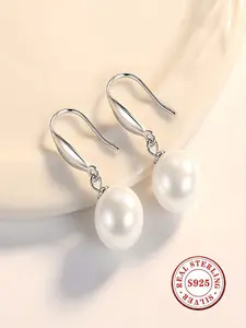 S925 Sterling Silver Pearl Drop Earrings for Women, Hypoallergenic Oval White Pearl Dangle Earrings, Elegant Wedding Bridal Jewelry Gift for Her