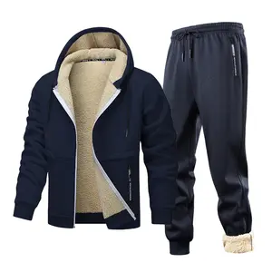 2 Piece Suit Men's Thickened Sherpa Lined - Winter Hooded Jacket & Pants Casual Tracksuit with Pockets