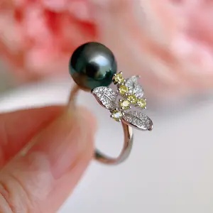 Piswency Black Tahitian Pearl Ring, Real Saltwater Pearl Jewelry, 925 Sterling Silver with Zircon, Christmas Gift for Her