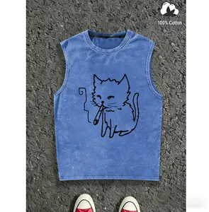Cat Smoking Y2K Graphic Washed Vest Retro Emo Grunge Soft Washed Cotton Casual Streetwear Tank Top for Men