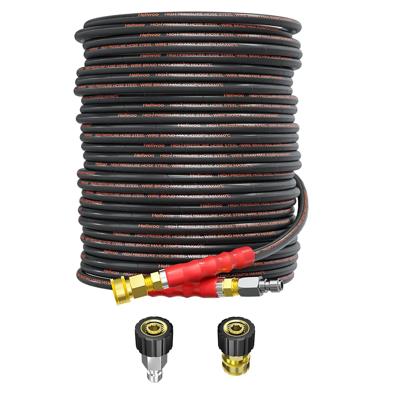 Industrial Grade High Pressure Washer Hose, 50FT x 1/4" Diameter, Max 4200 PSI, 16000 PSI Burst, 2.5-5 GPM, Kink-Resistant, Cold/Hot Water Compatible (Up to 140℉), QC Ends with 3/8" Adapter & Quick Connects, Ideal for Car Washing