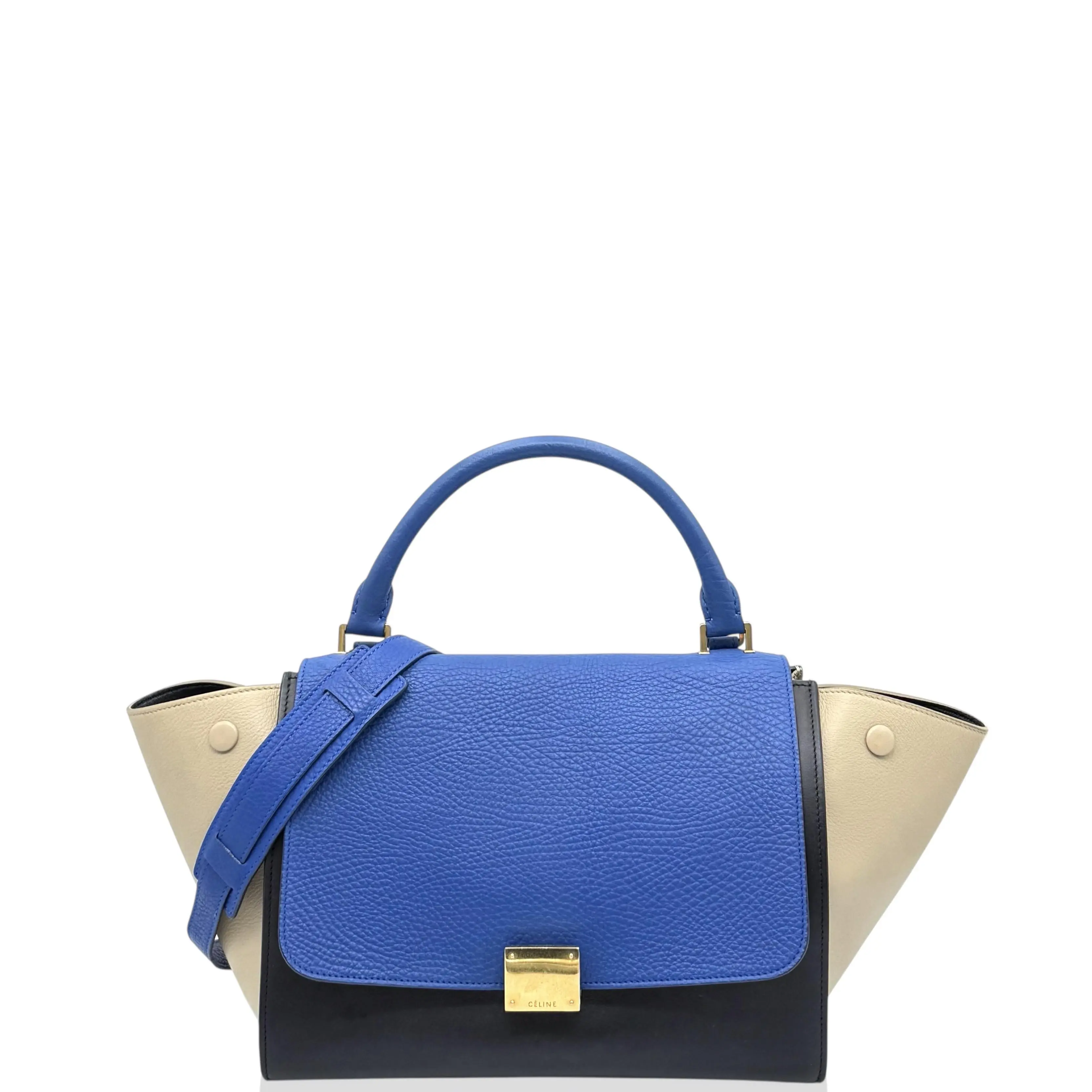 Pre-owned Celine Leather Shoulder Bags Small Trapeze Calfskin Black Blue Taupe (ws1118n2)