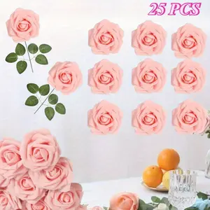 25 Pcs Artificial Flowers Real Looking Blush Foam Fake Roses with Stems for DIY Wedding Bouquets Bridal Shower Centerpieces Party Decorations