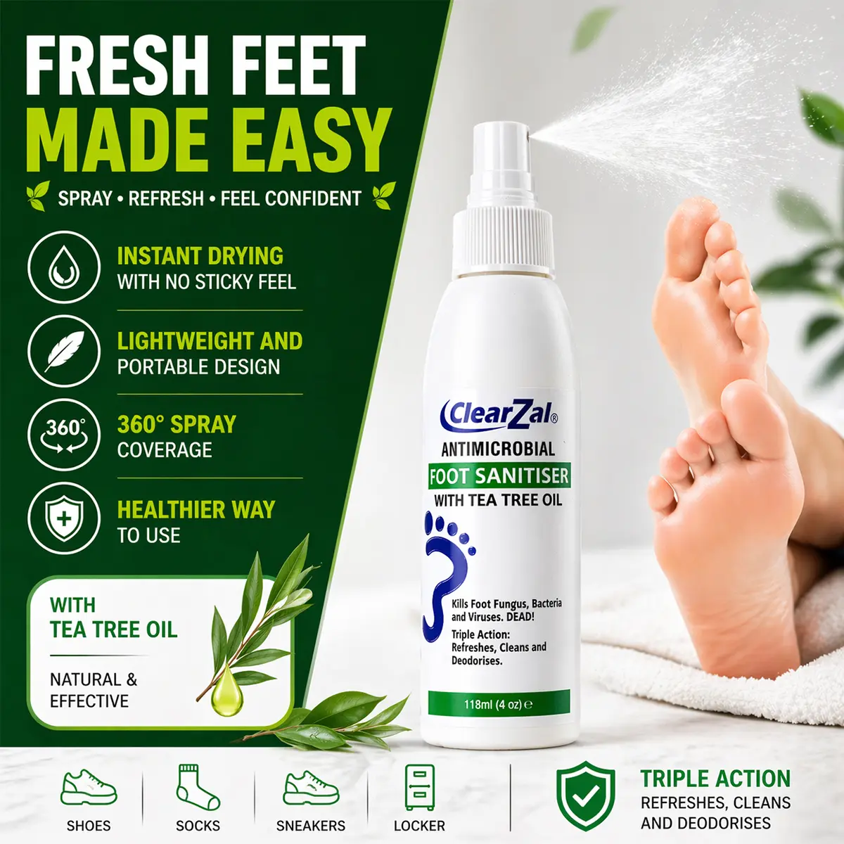 ClearZal Foot Sanitizer Spray with Tea Tree Oil, 4-Ounce Bottle,Shoe Deodorizer & Foot Odor Eliminator Spray,Prevents Embarrasing Odors From Returning,Foot Spray and Shoe Odor Eliminator,Contains natural tea tree oil and aloe vera [TAP]