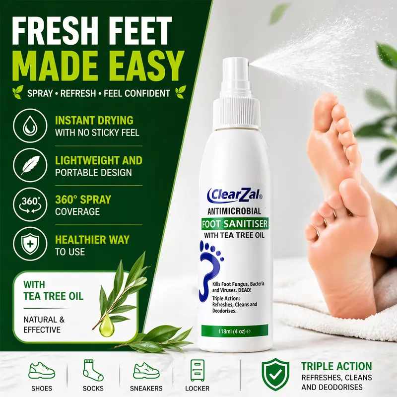 ClearZal Foot Sanitizer Spray with Tea Tree Oil, 4-Ounce Bottle,Shoe Deodorizer & Foot Odor Eliminator Spray,Prevents Embarrasing Odors From Returning,Foot Spray and Shoe Odor Eliminator,Contains natural tea tree oil and aloe vera [TAP]