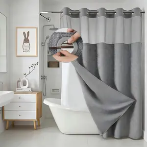Fabric Shower Curtain with Snap-In Liner Replacement – Waterproof Hotel Bathroom Curtain Set, Waffle Weave, See-Through Mesh Top Window, Machine Washable