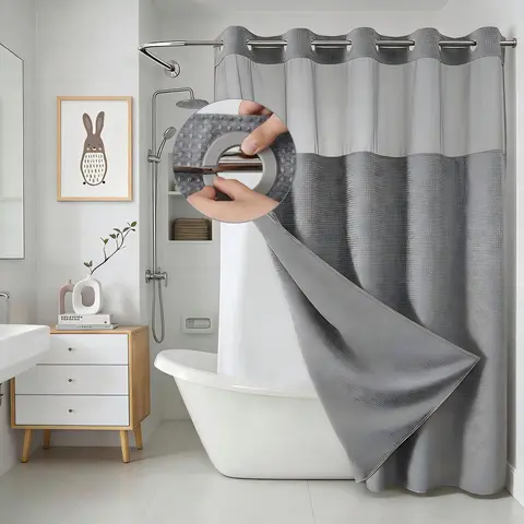 Pet Grooming Shower Curtain Set - Cloth Fabric Shower Curtains with Snap-Liner, Leak-Proof Waterproof Liner, Contemporary Waffle Weave, See-Through Mesh Window, Machine Washable, Standard Sizes, Wall-Shielding Bathroom Accessory