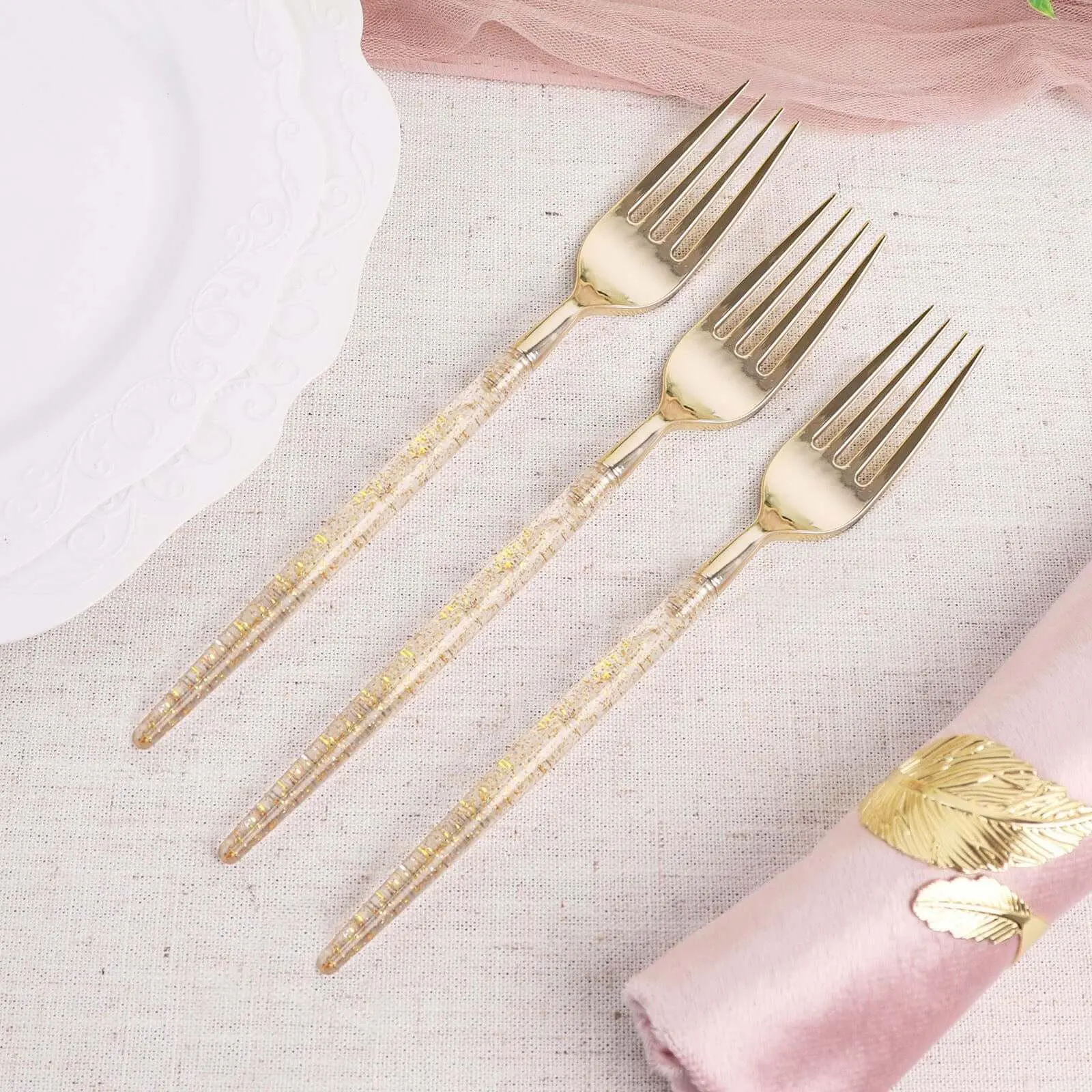 24-Pack Gold Glittered Disposable Plastic Forks - Party Supplies, Festival Party Tableware for Birthday, Wedding Events, Disposable Forks