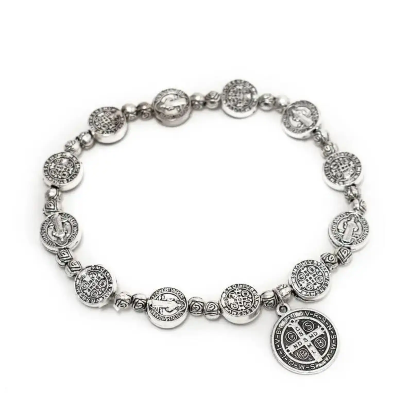 Men’s Handcrafted Silver St Benedict Protection Blessing Bracelet - San Benito Rosary Beads Medal, Bag Accessory for Daily Wear