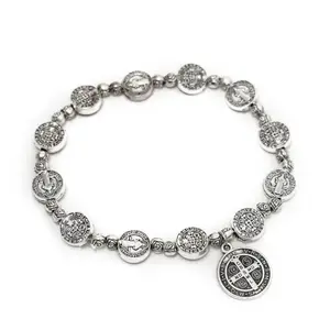 Men’s Silver St Benedict Protection Bracelet, San Benito Faith Rosary Medal Gift for Daily & Prayer Wear