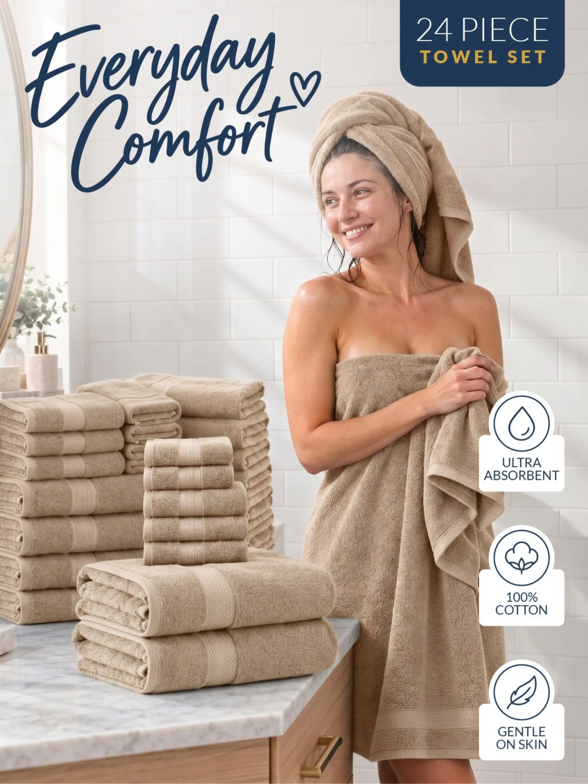 LANE LINEN 24-Piece 35" x 66" Bathroom Towel Set - 100% Ring-Spun Cotton, Double-Stitched, Super Absorbent, Quick-Dry, OEKO-TEX Standard 100 Certified, Contemporary Household Items, Towels for Bathroom, Housewarming Gift