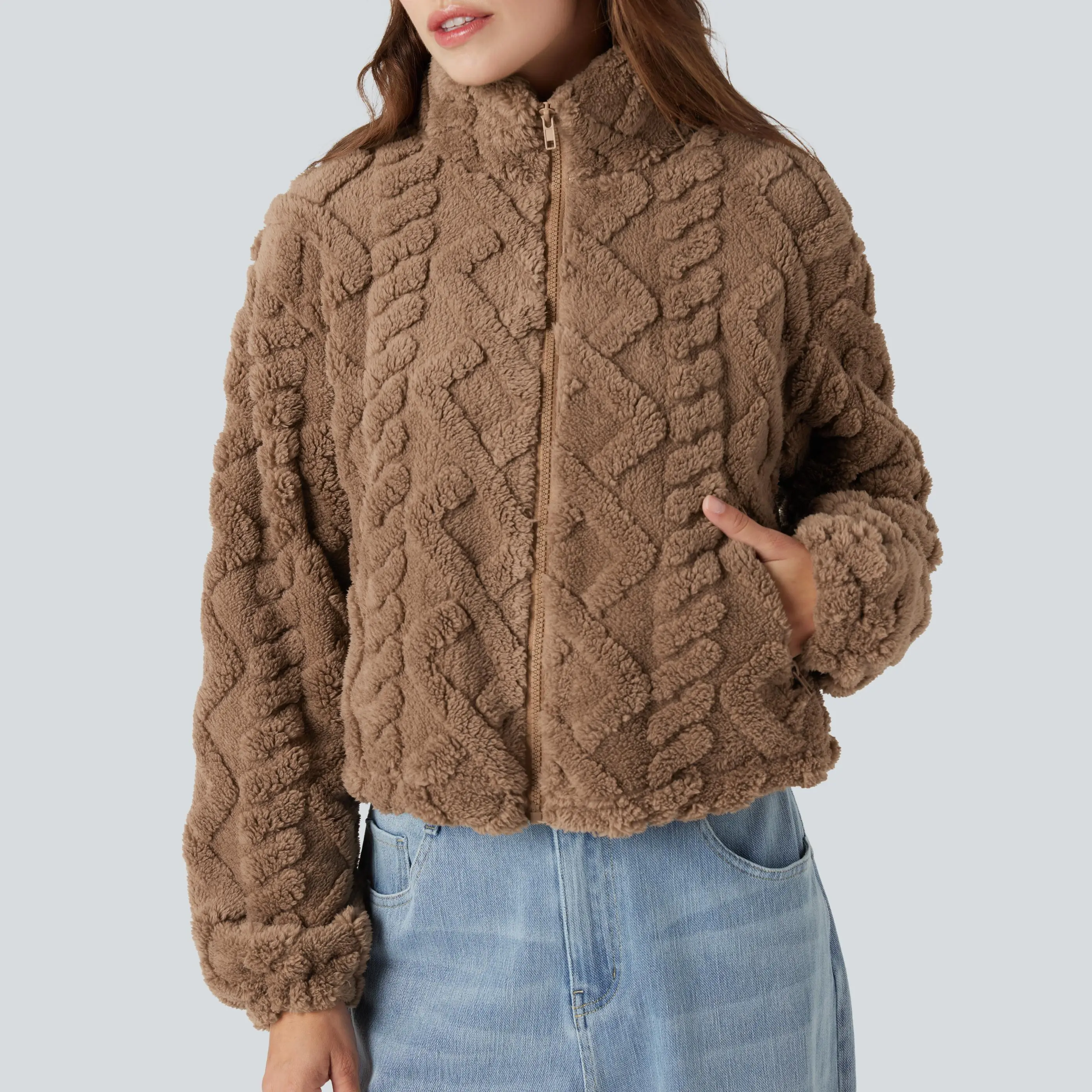 Halara High-neck Zip Fly Casual Sherpa Jacket with Pockets Halara High-neck Zip Fly Casual Sherpa Jacket with Pockets