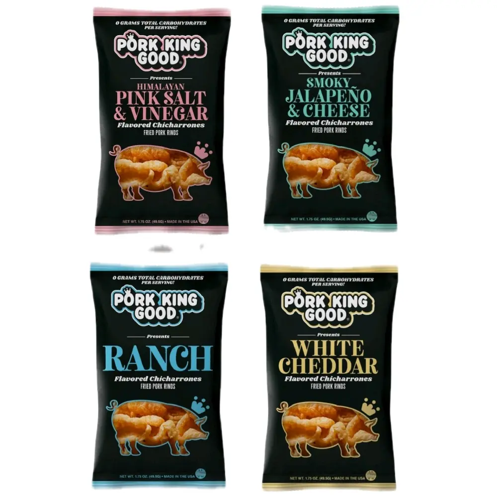 Pork King Good 4-Pack Flavored Snacks - Pink Salt & Vinegar, Smoky Jalapeno & Cheese, Ranch, White Cheddar