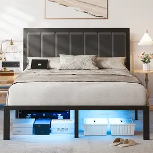 DAYAGO Twin/Full/Queen Bed Frame with Headboard and LED Lights, Metal Platform Bed with USB Charging Station, No Box Spring Needed, Black