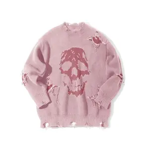 Men's skull-hole sweater, round neck and long-sleeved knitted jacket, loose and warm outdoor street clothes in autumn and winter.