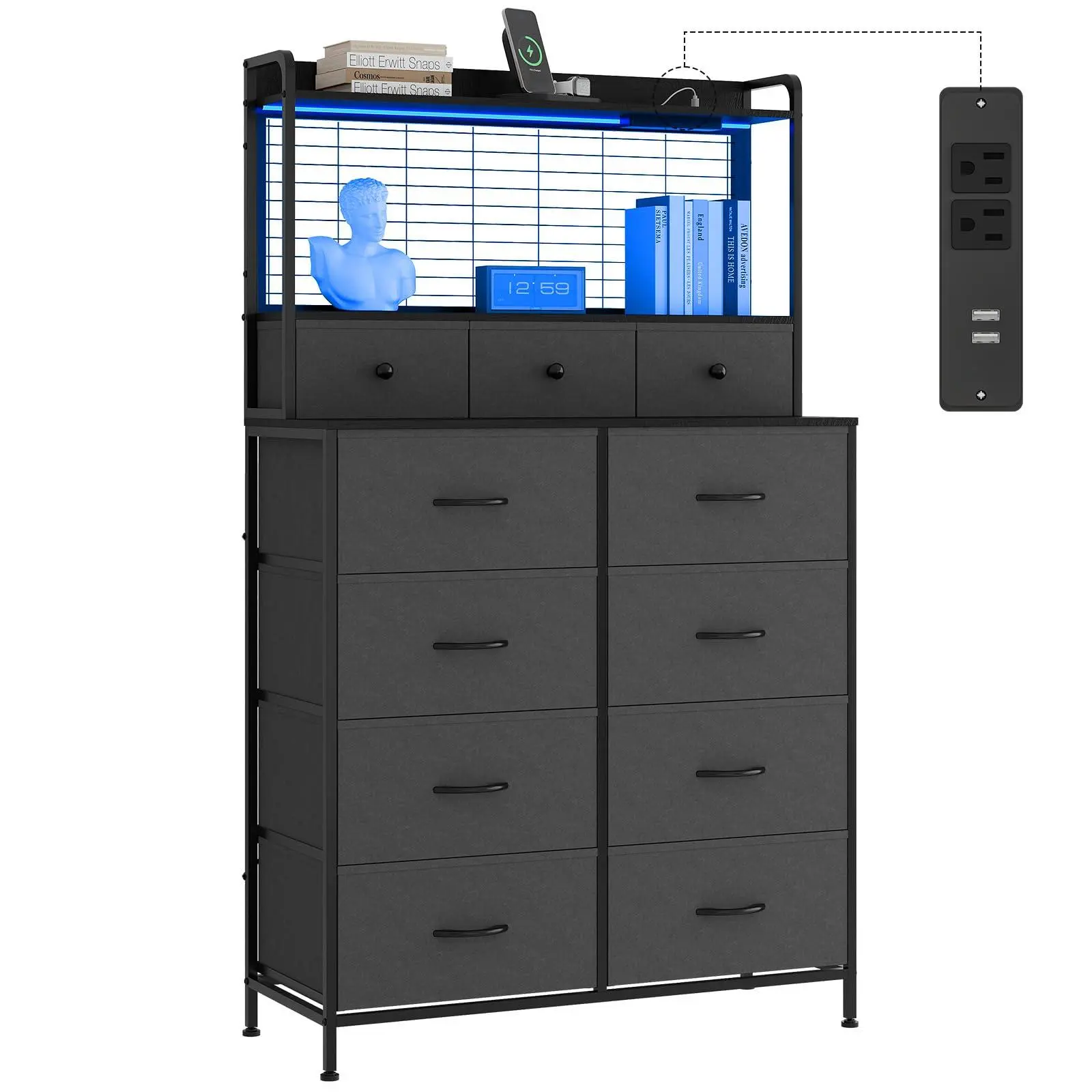 GARVEE Rustic Tall Dresser with Charging Station, App-Controlled RGB Lighting, 11 Fabric Drawers, Anti-Tipping Design, Wood Grain Finish for Bedroom, Room Storage, Grey