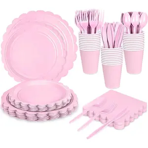 175 PCS Light Pink Scalloped Plates and Napkins, Pink Disposable Plates Set with Napkins Cups Plastic Spoons Forks Knives for Birthday  Shower Gender Reveal Party Supplies Serve 25 Guests