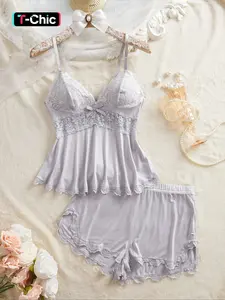 Women's Modal Fitted Contrast Lace Bow Decor Cami Top & Shorts Pyjama Set, Sexy Comfy Pajama Set for Women, Women's Sleepwear for Summer, Lingerie