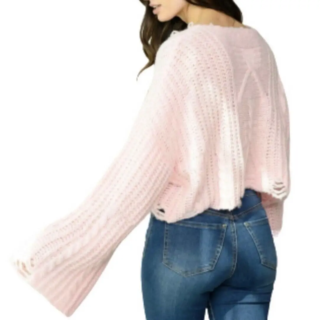 Cloud Ten Pink Oversized Distressed Long Bell Sleeves Knit Sweater New with Tag