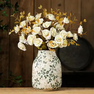 Green and Beige 7.8 Inch Vintage Chinoiserie Floral Rustic Ceramic Large Vase for Home Living Room Bookshelf Office Grand Millennial Tuscan Decor