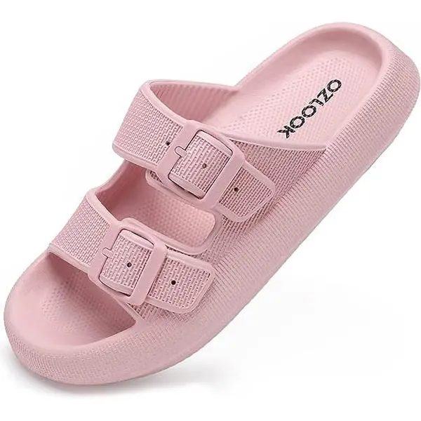 Women's EVA Soft Cushioned Slippers - Double Buckle Adjustable Cloud Slides, Non Slip Lightweight Shoe, Active Black Decor Comfortable Footwear