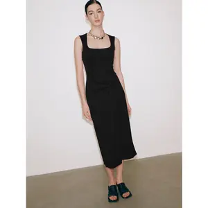 URBAN REVIVO Women's Basic U-Neck Knot-Front Sleeveless Skinny-Fit Midi Dress - 2026 Style, Cotton-Viscose Fabric, Body-Fit, Comfortable, Flex, Minimalistic, Neutral-Colored Casual Dresses, Body-Fit Casual Dresses
