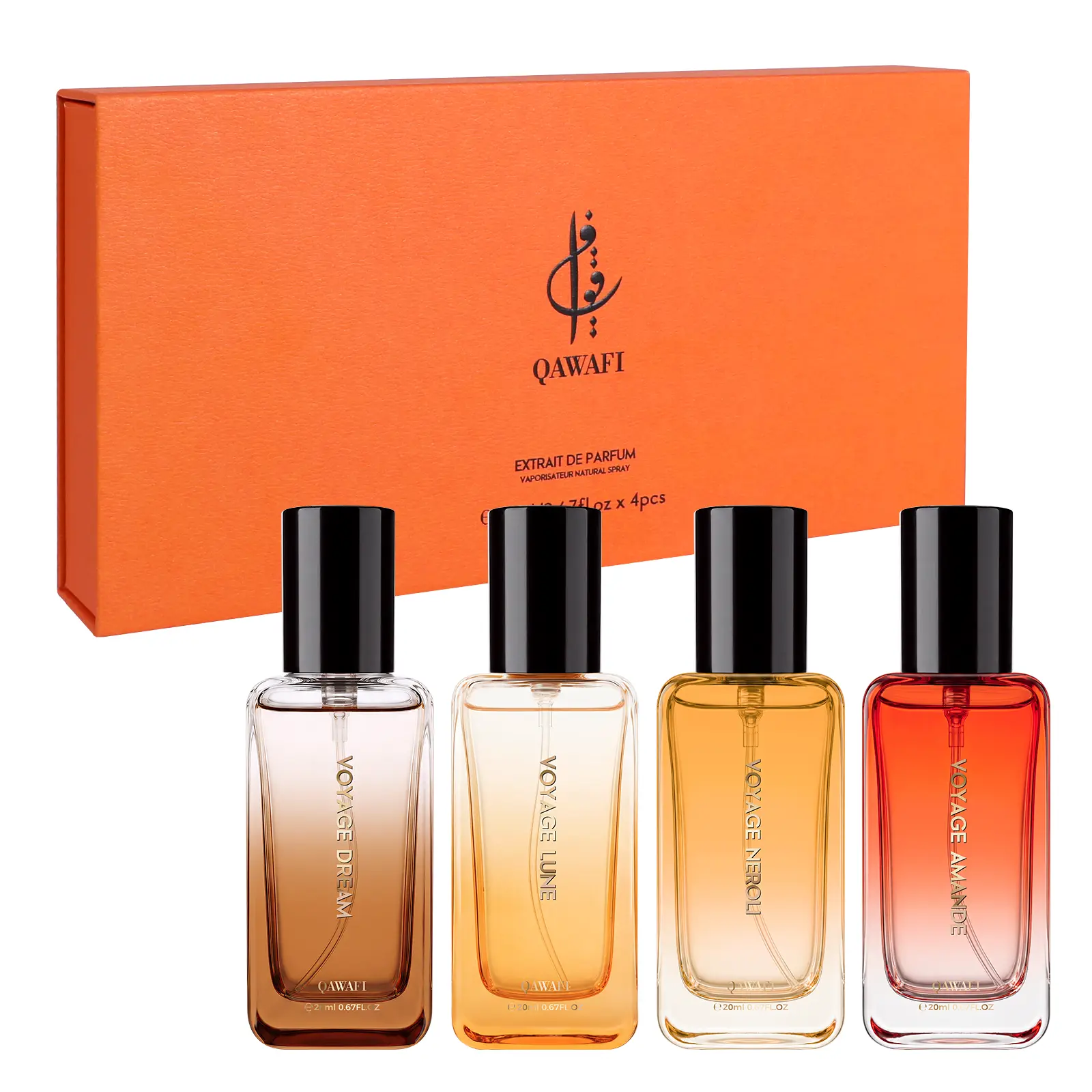 QAWAFI Women's Curated Fragrance Wardrobe 4-Piece Extrait De Parfum Set (4x20ml/80ml) - Multiple Scents: Vanilla, Suede, Neroli, Almond - 8H+ Long-Lasting for Date Night & Daily Wear