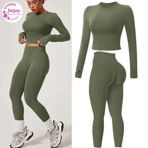Jetjoy Women's 2 Piece Workout Set - Slim-Fitting Hidden Scrunch Hip Lifting Seamless Leggings & Long Sleeve Yoga Crop Tops - Quick Dry Gym Athletic Tops