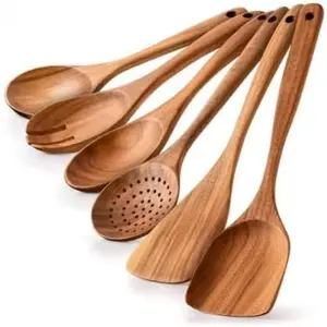 6-Piece Teak Wooden Kitchen Utensil Set – Heat Resistant, Durable, heat resistant Cooking Tools for Nonstick Cookware - Natural Rust-Free Wooden Spatulas & Spoons - Dishwasher Safe by