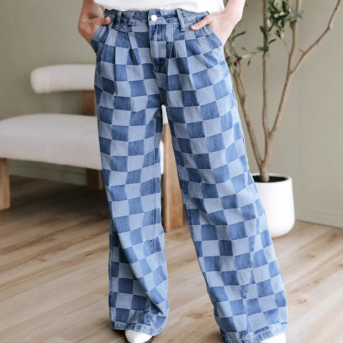Women's High-Waisted Vintage Checkered Plaid Denim Jeans - Streetwear Lady High Water, Long Baggy, Oversized Wide-Leg Casual Pants