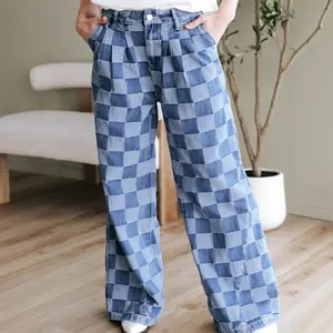 Women's High-Waisted Vintage Checkered Plaid Denim Jeans, Casual Baggy Fit Jeans, Wide-Leg Trouser Bottom Clothes, Fashionable Loose Long Pants