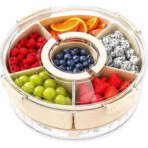 Divided Serving Tray with Lid, Handle and Chill Base, 6 Compartment Snackle Box Container, Rounded Veggie and Fruit Organizer for Charcuterie, Snacks, Travel,,,
