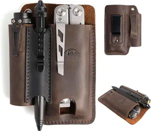 Leather Multitool Sheath with Belt Clip - Multitool Holster for Belt - EDC Belt Organizer Fits, Flashlight, Pen - Leather Pouch - Holder, Dark Brown