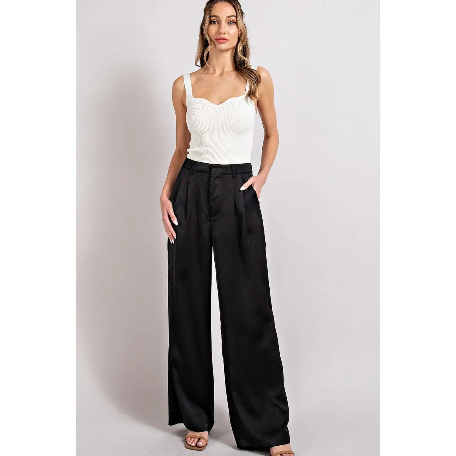 High Waist Black Straight Leg Satin Pleated Pants