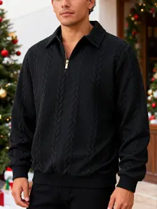 Men's Autumn Winter Textured Polo Neck Long Sleeve Sweatshirt, Half Zip Sweatshirts, Zipper Half Button Design, Casual Fitted Plain Hoodie, Must-Have Wardrobe Essential, Black