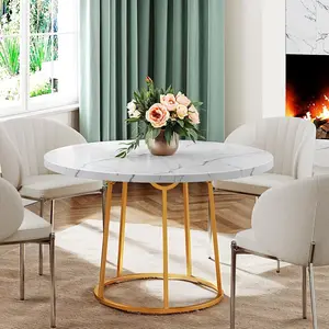 47.24 Inch round Dining Table Kitchen Table for 4 People Wooden Marble Pattern Dinner Room Table with Gold Base for Home Office ONBRILL