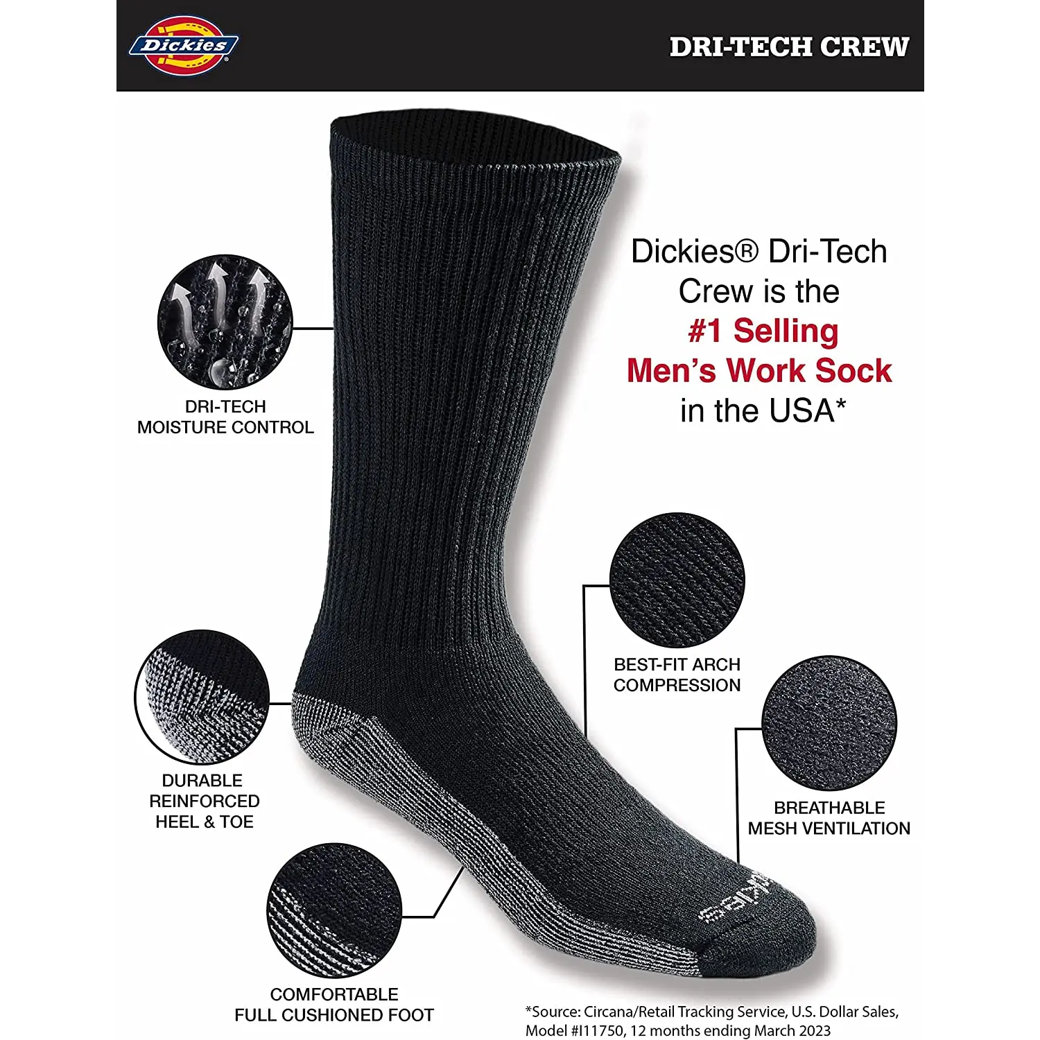 Dickies Men'S Dri-Tech Moisture Control Crew Socks, Available in M-XXL (6, 12, 18 Pairs) Dickies Menswear Compression Day Office