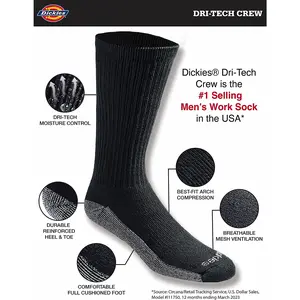 Dickies Men'S Dri-Tech Moisture Control Crew Socks, Available in M-XXL (6, 12, 18 Pairs) Dickies Menswear Compression Day Office