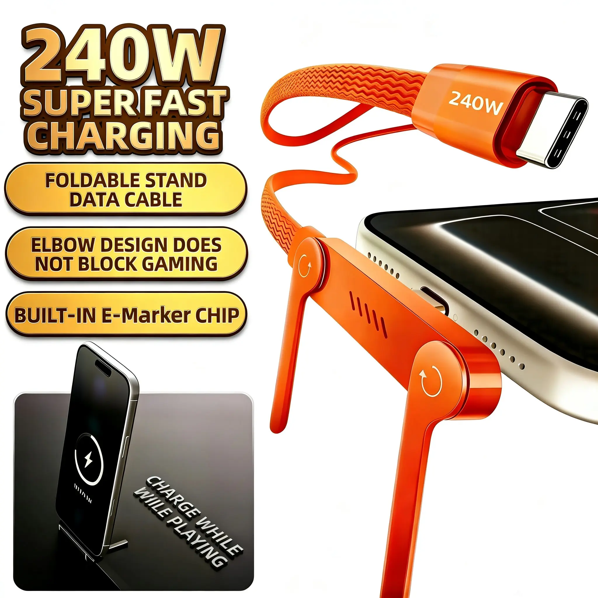 240w Type-C to Type-C Fast Charging Foldable Stand Data Cable, USB C Cable, Compatible with iPhone 17/16/15 and Samsung Chargers, Fast Charging Cables