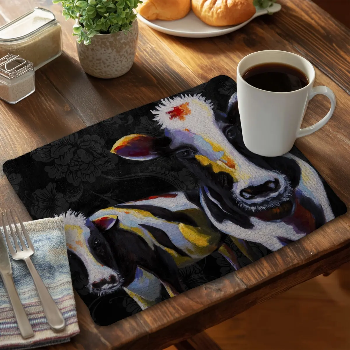 360 stand Victorian Rustic Cow Print Placemat & Coasters Home Decor, 14x18 in, CBPM1418WY3X3B, 2 Funny Cows Design, Braided Farm Theme Kitchen Tableware, Coasters For Drinks, Rectangle, Animals, Adds Warmth And Character, Decor Enthusiasts, Cloth Placemat