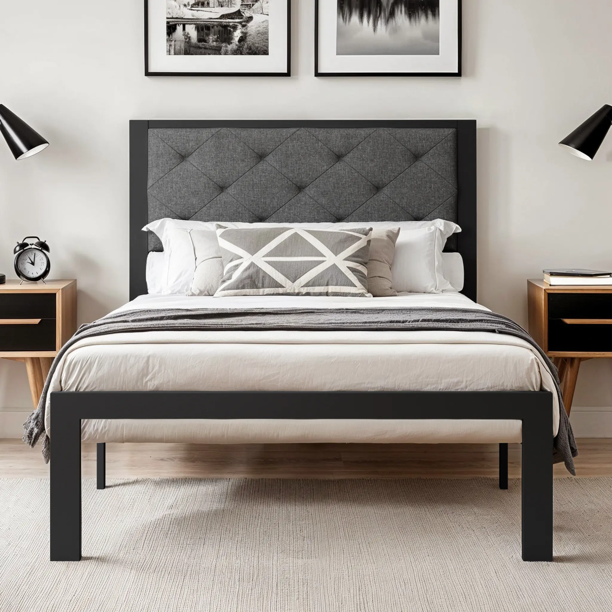 HOOMIC Twin/Full/Queen/King Upholstered Metal Bed Frame - 【Frame Only No Mattress】Finely Stitched Headboard in Faux Leather/Linen, Robust Noise-Free Design, Black/Dark Grey,