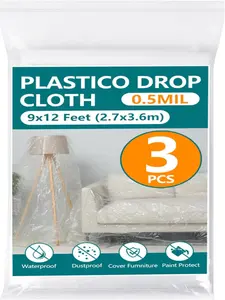 3-Pack 12x9ft Plastic Drop Cloths - Disposable Painter's Sheeting for Floor/Furniture/ Protection, Drop Cloth