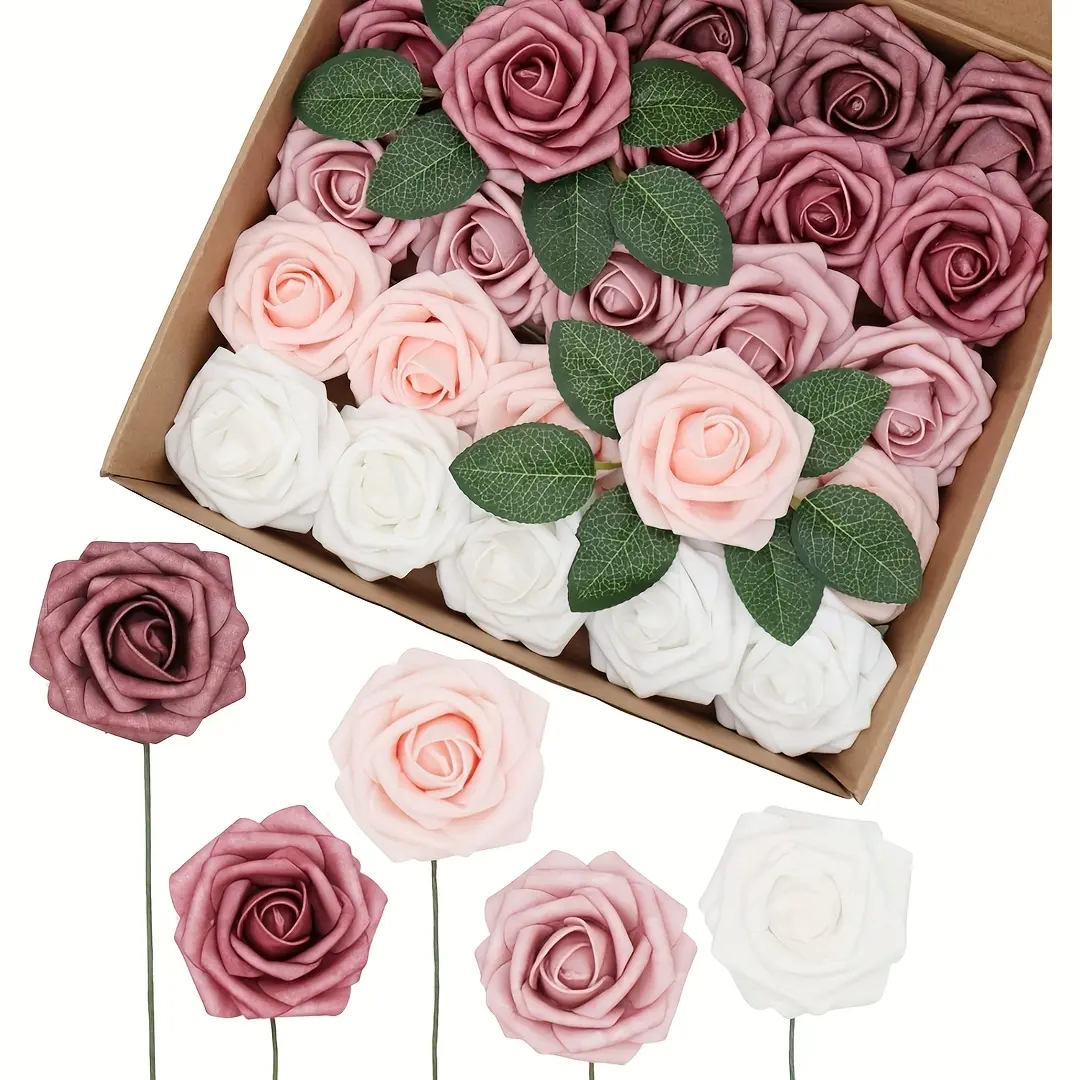 50pcs Retro Pink Durable Artificial Rose Bouquet Set - Hyperrealism Injection Molded, Vibrant Hues, Accessories Bundle - Decoration, Outdoor Decor, Office Decor, Wedding Gifts