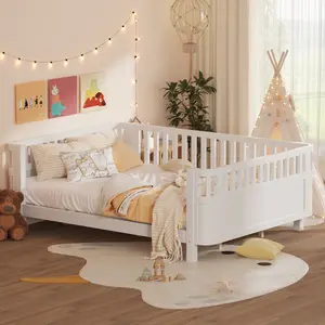 Queen Size Platform Bed for Kids, Wood Low Profile Queen Bed with Rails for Girls and Boys, No Box Spring Needed