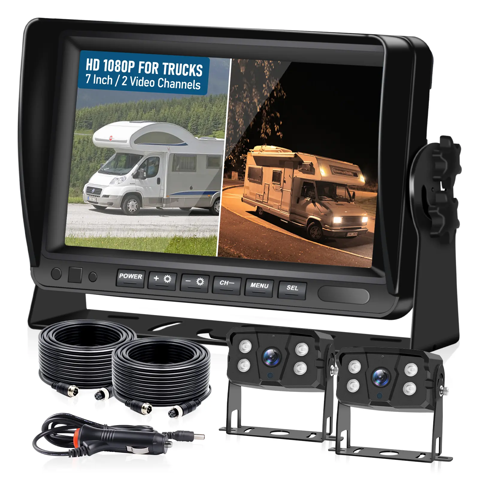 VEKOOTO Dual RV Backup Camera System with 7-inch AHD 1080P Split Screen Monitor, Wired Automotive Dashcam, IP69 Waterproof, IR Night Vision & Recording for Truck, Camper