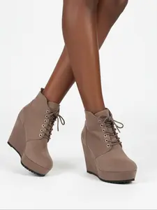 Women's Suede Lace-Up Wedge Booties, Vintage Thick Sole Height Increase Boots, Fall & Winter Fashion Casual Shoes, Elegant Boots