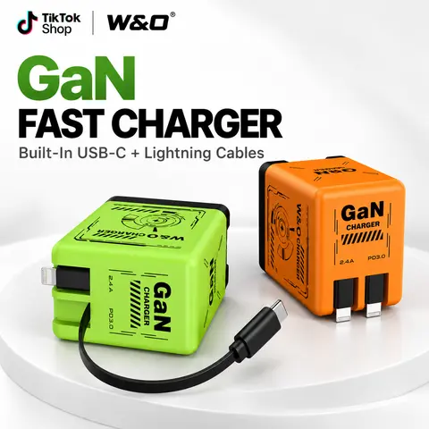 W&O 2-in-1 120W GaN Fast Charger, Retractable USB-C & Lightning Cables, Foldable Wall Charger, Multi-Device Charging for Travel & Home, Black Friday Cyber Monday Gift Gan Charger