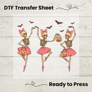 Halloween Skeleton Ballerina DTF Transfer Sheet: Ready to Press DIY Heat Transfer