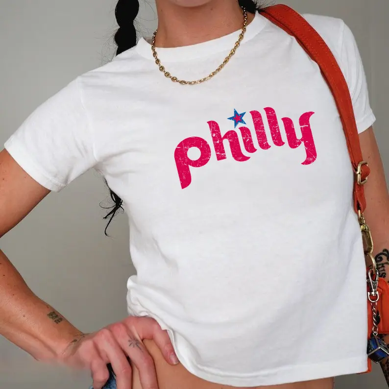 Philly Graphic Baby Tee, Casual Summer Top, Philadelphia Proud Shirt, Gift for Moms, Sportswear, Baseball Fans Gift