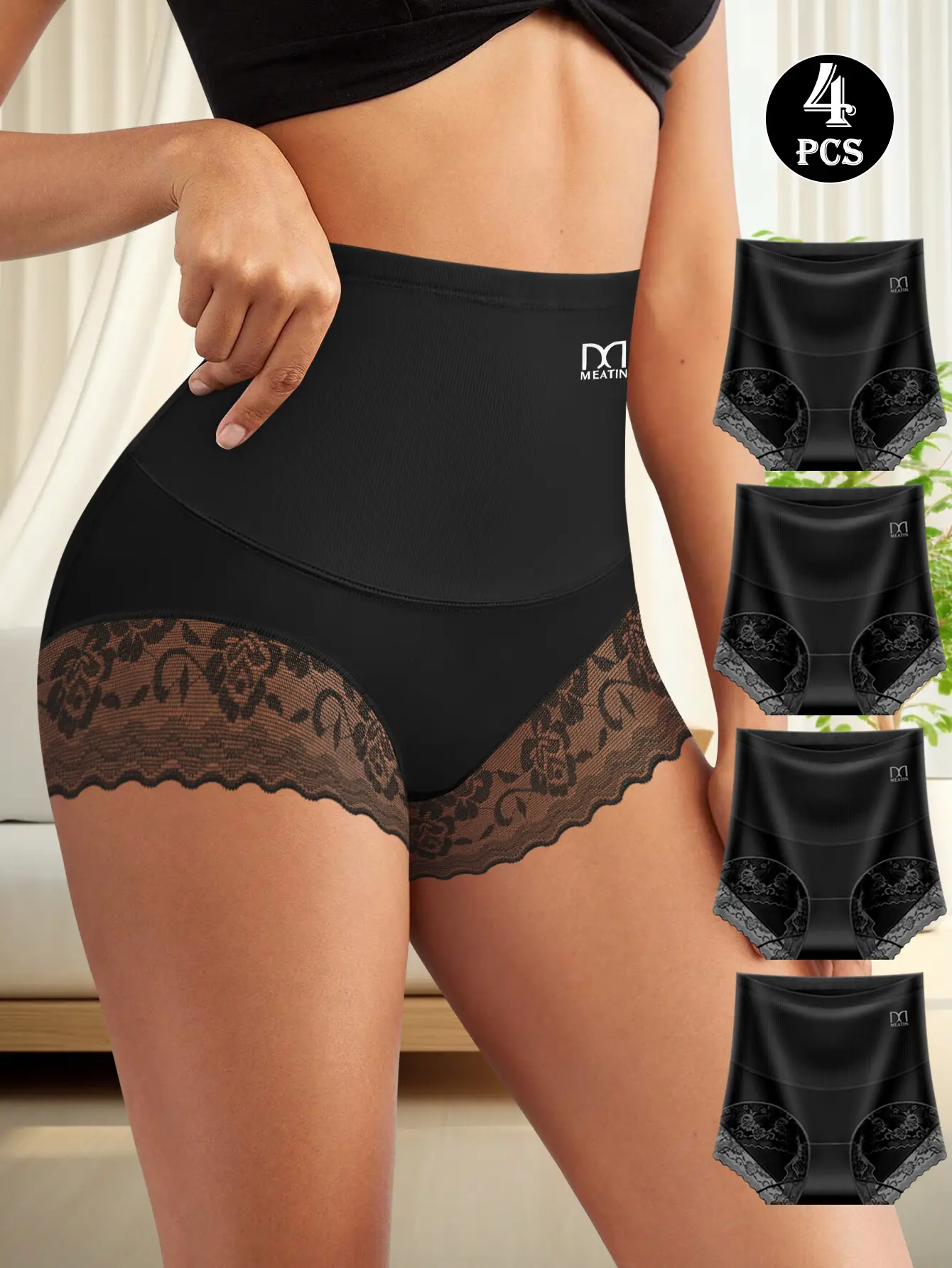 QUASTI 4pcs Sexy Lace Underwear for Women, High Waist Black Boxer Brief , Women Body Slim Abdominal Underwear, Full Coverage Briefs Soft & Skin Friendly Back to School Gifts for Girls